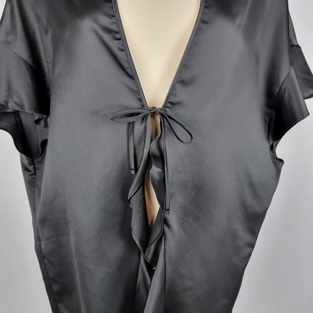 Victorias Secret Kimono Robe Womens One Size Black Satin Ruffle Tie Front Cover - Picture 3 of 15